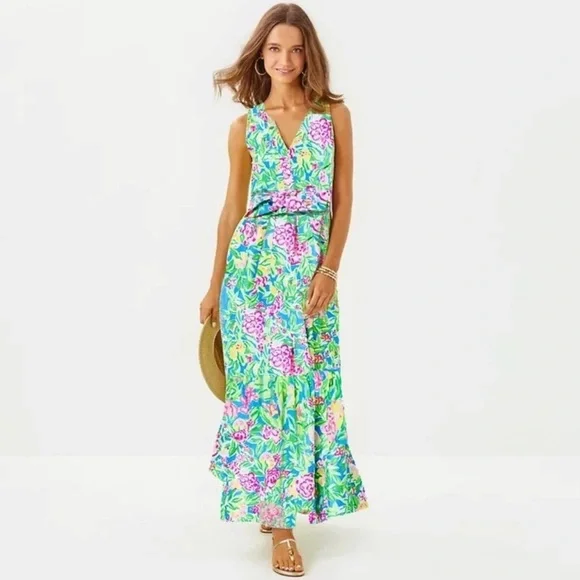 chinese dress ladies Lilly Pulitzer Women's Malone Maxi Dress, Las Olas Aqua Strong Current Sea  at Amazon Women's Clothing store main image 1